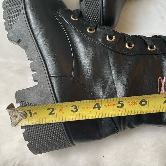Black vegan leather lace up knee high chunky boots with metallic pink script SZ9 - Picture 9 of 12